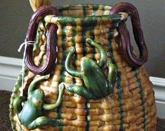 Vintage Frogs Lotus Woven Basket Shaped Pottery Vase