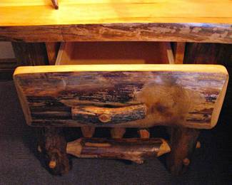 Matching Pair of Rustic Aspen Single Drawer Side Table Features Light Toned Logs and Unique Knotting Patterns
