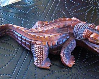 Hand-Carved Wooden Crocodile Sculpture. 
