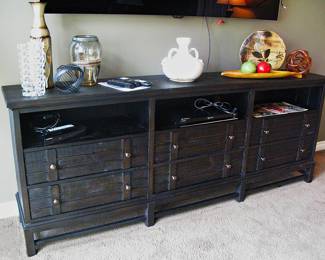 Haverty Entertainment Console with a rustic cappuccino finish, aged pewter hardware