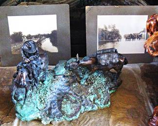 Bronze Sculpture by Lorenzo Ghiglieri titled Casey's Gold II Depicts a Gold Panner with a Mule. 