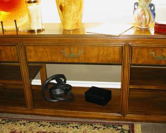 Drexel Heritage Oak Campaign Style Console Table / Media Stand with Brass Hardware