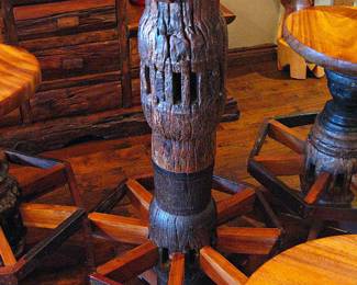 Rustic Ox Yoke & Wagon Wheel Pub Table with Matching Swivel Stools.