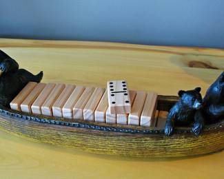 Rivers Edge Canoe Wooden Domino Set Featuring a Black Bear Paddling Two Cubs.