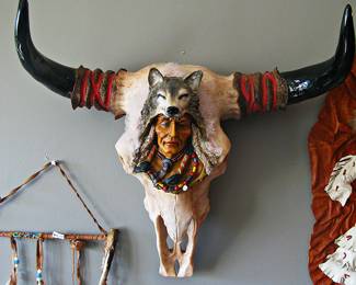 Native American Style Longhorn Skull Resin Sculpture.