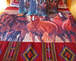 Queen Size Horse Quilt with Pillow Shams with a Wool Blanket Runner