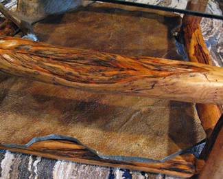 Amish Rocky Mountain Aspen Log Coffee Table with Built in Slate Rock and Moose Antler Shelf