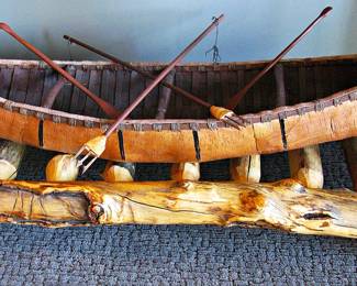 Northeast Woodlands Birchbark Canoe Model with Paddles