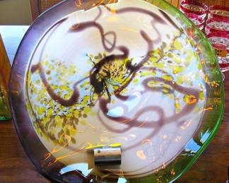 Hand-Blown Art Glass Wall Plates with Wall Brackets