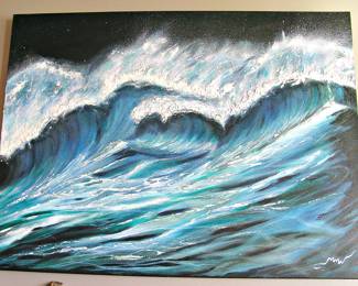 Acrylic on Canvas Painting of Crashing Ocean Waves Signed