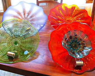 Hand-Blown Art Glass Wall Plates with Wall Brackets