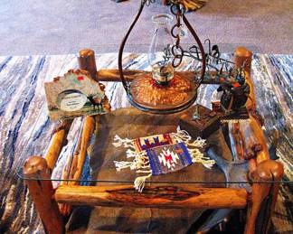 Amish Rocky Mountain Aspen Log Coffee Table with Built in Slate Rock and Moose Antler Shelf