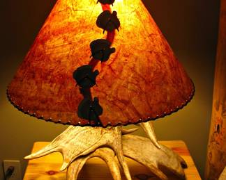 Rustic Pair of Antler Table Lamp and Lampshade with Suede Lacing and Wooden Buttons