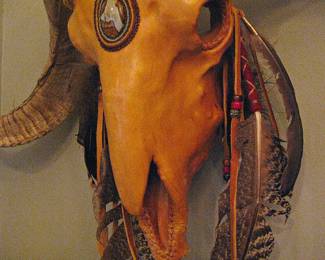 Male Bighorn Sheep Skull Leather Wrapped Accented with Feathers Beads and Medallion Stone One of a Kind!