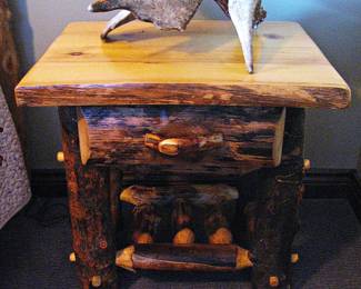 Matching Pair of Rustic Aspen Single Drawer Side Table Features Light Toned Logs and Unique Knotting Patterns