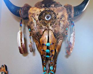 Native American Bison Woven Dreamcatcher With a Quartz Crystal Center with Feathers and Turquoise Woven through the Skull - Highly Detailed
