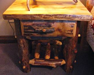 Matching Pair of Rustic Aspen Single Drawer Side Table Features Light Toned Logs and Unique Knotting Patterns