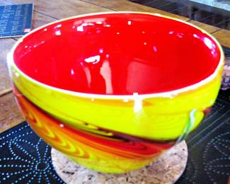  Blown Glass Bowl featuring a Yellow, Red, and Orange Swirl Design