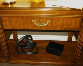 Drexel Heritage Oak Campaign Style Console Table / Media Stand with Brass Hardware