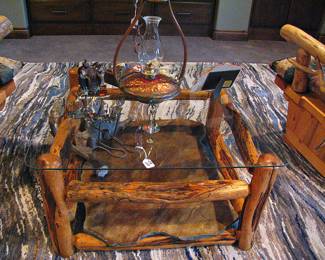 Amish Rocky Mountain Aspen Log Coffee Table with Built in Slate Rock and Moose Antler Shelf