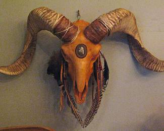 Male Bighorn Sheep Skull Leather Wrapped Accented with Feathers Beads and Medallion Stone One of a Kind!