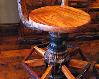 Rustic Ox Yoke & Wagon Wheel Pub Table with Matching Swivel Stools.