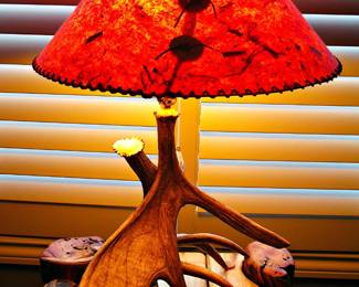Real Mule Deer Antler table lamp with Rawhide Shade 