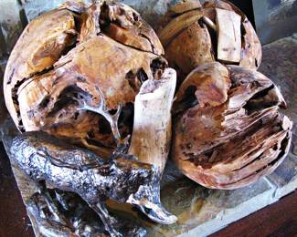 Vintage Large Teak Petrified Round Sculpted Wood  Balls / Bronze Elk Sculpture 