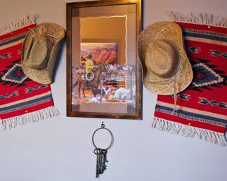 This is a Spring Roundup Western Framed Mirror / Wool Blanket Samples Could be used for Table Placemats Western Theme