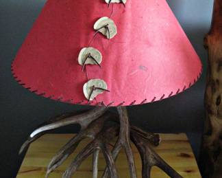 Rustic Pair of Antler Table Lamp and Lampshade with Suede Lacing and Wooden Buttons