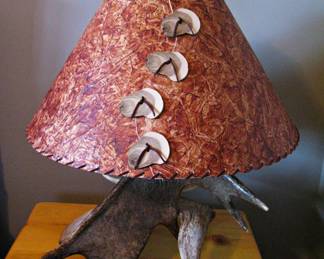 Rustic Pair of Antler Table Lamp and Lampshade with Suede Lacing and Wooden Buttons