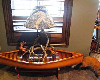 Add Rustic Flare with Authentic Real Wood Canoe Coffee Table / Mountain Lodge Antler Table Lamp with Handcrafted Birch Bark Lampshade