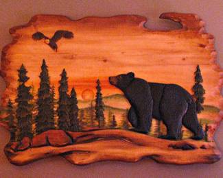“Sunset Bear and Eagle” wall art Designed and Handcrafted by Artisans specialized in Intarsia Woodworks