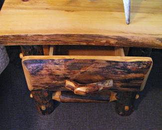 Matching Pair of Rustic Aspen Single Drawer Side Table Features Light Toned Logs and Unique Knotting Patterns