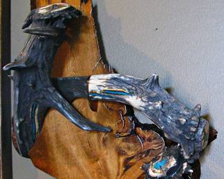 Deer Antler Knife The mount is affixed to a Wooden Plaque and features Inlaid Turquoise on the Knife Handle and Holder - Great for the Knife Collector