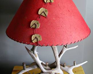 Rustic Pair of Antler Table Lamp and Lampshade with Suede Lacing and Wooden Buttons