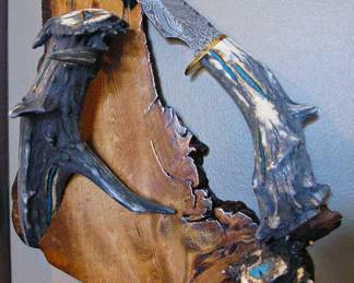 Deer Antler Knife The mount is affixed to a Wooden Plaque and features Inlaid Turquoise on the Knife Handle and Holder - Great for the Knife Collector