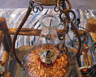 Vintage Copper and Glass Hanging Kerosene Oil Lamp made by Copper Craft Guild. 