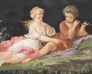 Lot 4015
Italian Rococo-inspired Watercolor and Gouache on Paper 1910-1920, 'Garden Serenade', H 4.5'' W 7.75'' Frame Size: H 5.5'' W 8.5''