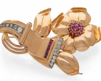 Lot 63
Diamond and Ruby "Flower" Brooch, Rose Gold 1920, H 2.7" 24.4 g