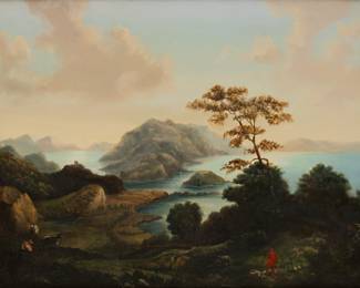 Lot 1022
Scottish Oil on Canvas, 19th C., 'Hunter in the Highlands', H 16" W 21" Frame Size: H 21" W 26"