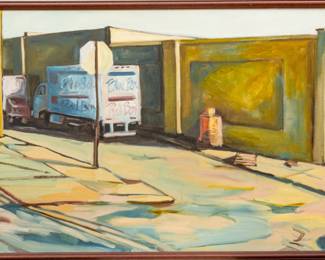 Lot 1067
Bradley Fox (American, 1959-2010) Oil on Canvas 2002, 'Blue Box/Red Box, Red Box/Blue Box', H 29" W 48" Frame Size: H 31" W 49.5" Depth 3.1"