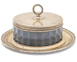Lot 128
Russian Faberge Silver and Carved Agate Covered Jar with Underplate, Ca. 1908-1926, H 3" Dia. 6.125"