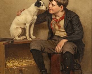 Lot 1001
John George Brown (American, 1831-1913) Oil on Canvas 'Shoe Shine Boy with Dog', H 24" W 17" Frame Size: H 34.75" W 27.5"