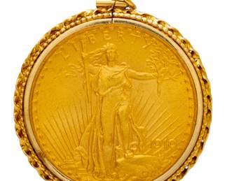 Lot 33
Lady Liberty Double Eagle Twenty Dollar Gold Coin Mounted As a Pendant 1910, Dia. 1.5" 41 g