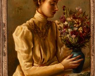 Lot 1019
Sarkis Sarkisian (Armenian - American, 1909-1977) Oil on Canvas, 1935, 'Woman Flower Arranging', H 33" W 24" Frame Size: H 42" W 31"