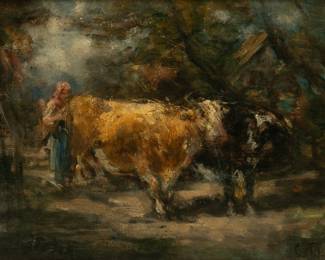 Lot 1016
Constant Troyon (French, 1810-1865) Barbizon School, Oil on Canvas, 'Depart Pour Le Labour', H 9.25" W 12.75" Frame Size: H 15.75" W 19"