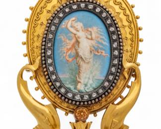 Lot 60
Gold with Diamonds Brooch, Painting of Mermaid on Porcelain 1880, H 2.3" 28 g