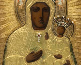 Lot 125
Polish Primitive Icon, Madonna and Child Mixed Media 1900, '"Pod Twoia Obrone Uciekamy Sie"', H 9.5" W 6.5" Frame Size: H 13" W 11"