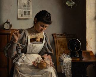 Lot 1004
Alois Heinrich Priechenfried (Austrian, 1867-1953) Oil on Beveled Panel, 'Young Woman Sewing a Doll's Dress', H 12.5" W 10.25" Frame Size: H 18" W 16"